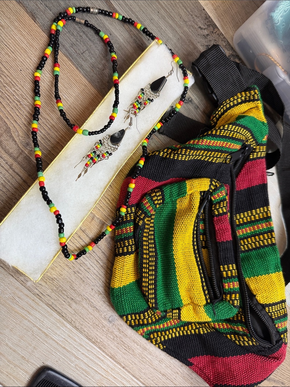 Rasta Beaded Necklace & Earrings Set with Colorful Woven Belt Bag